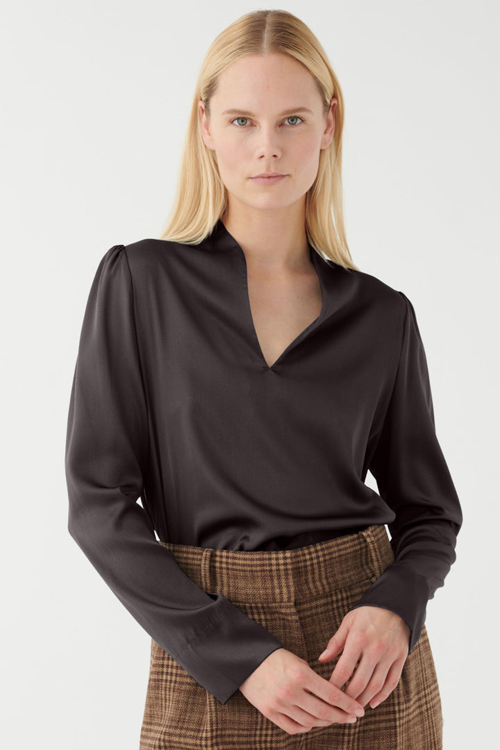 Dea Kudibal Amaradea Blouse Ganache Brown Silk Split Neck 0740724 1237 - Olivia Grace Fashion