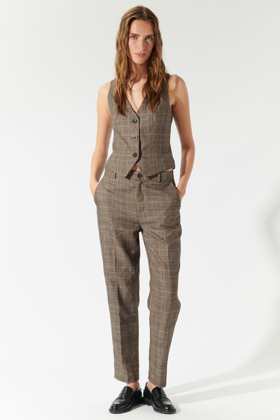 Dea Kudibal Mellydea Waistcoat Brown Spring Check 1411024 5819 - Olivia Grace Fashion