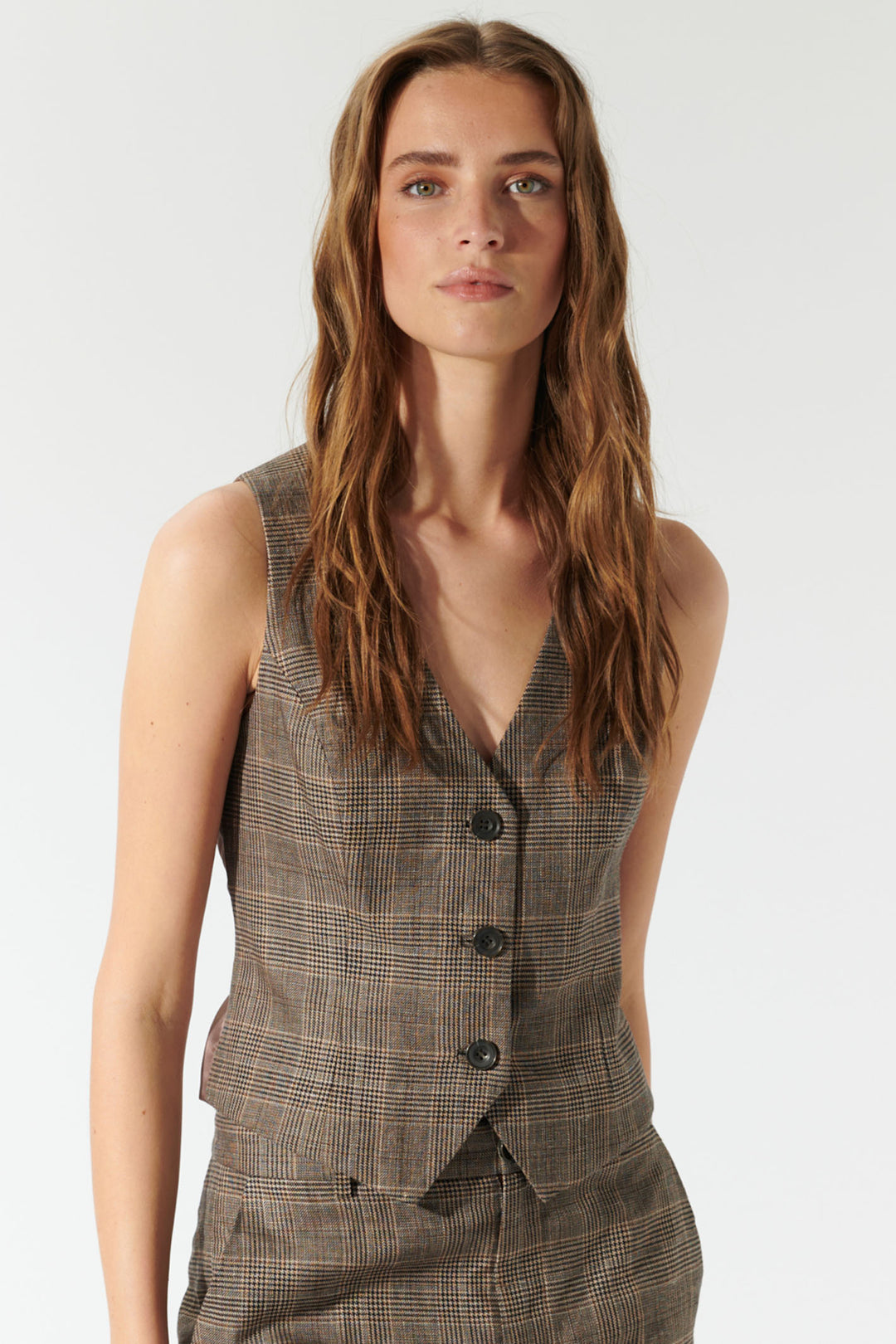 Dea Kudibal Mellydea Waistcoat Brown Spring Check 1411024 5819 - Olivia Grace Fashion