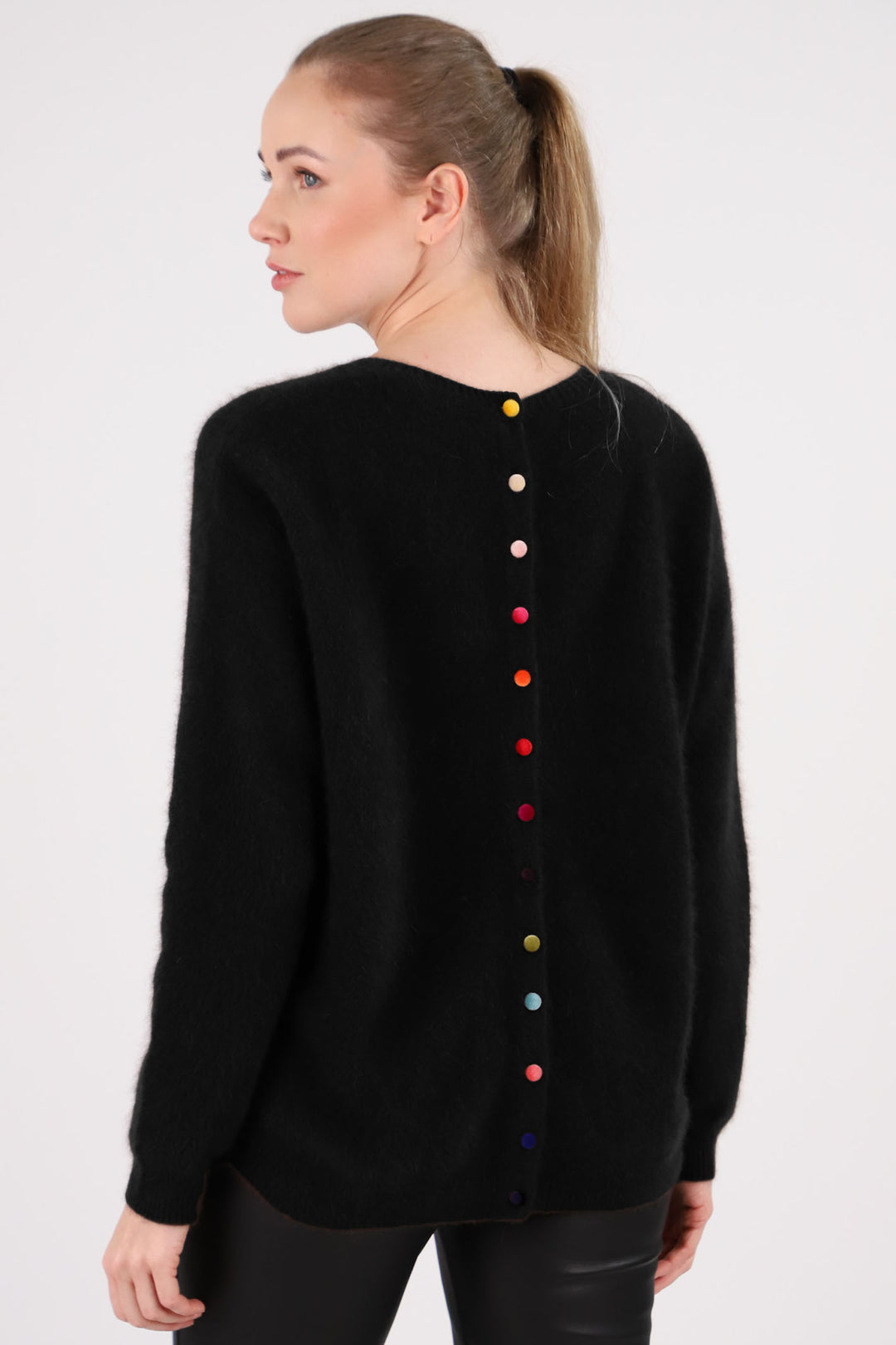 Estheme Jumper Black Round Neck Multi Colour Button Back WES2482HR - Olivia Grace Fashion