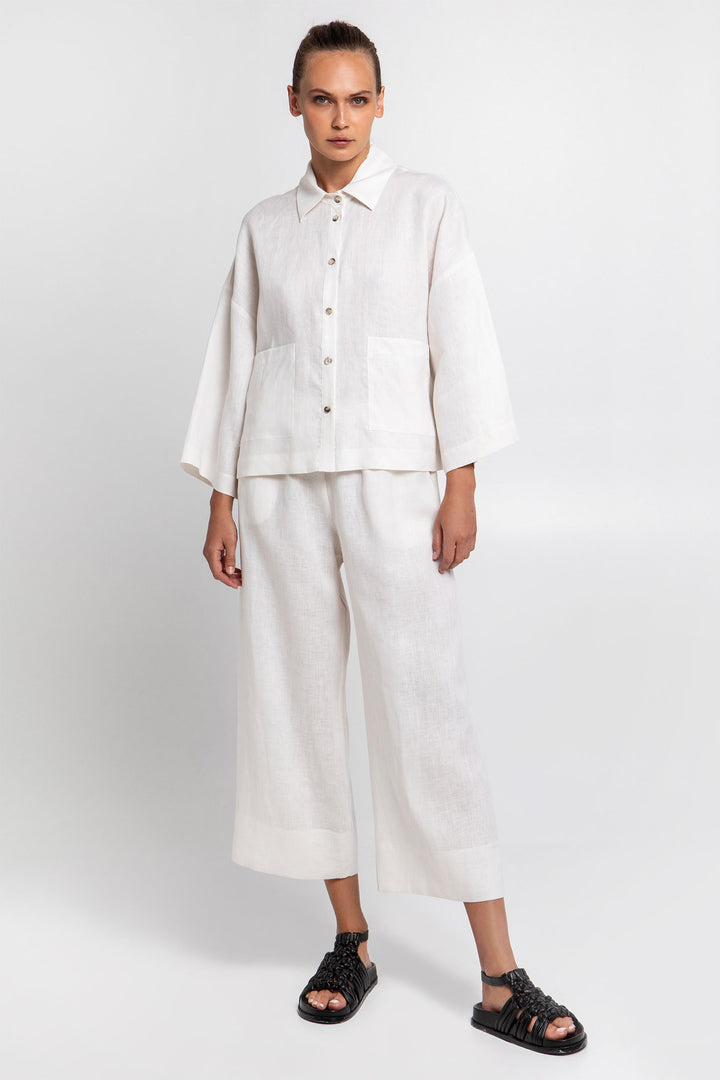 Greek Archaic Kori S25K-110431 White Linen Trousers - Olivia Grace Fashion