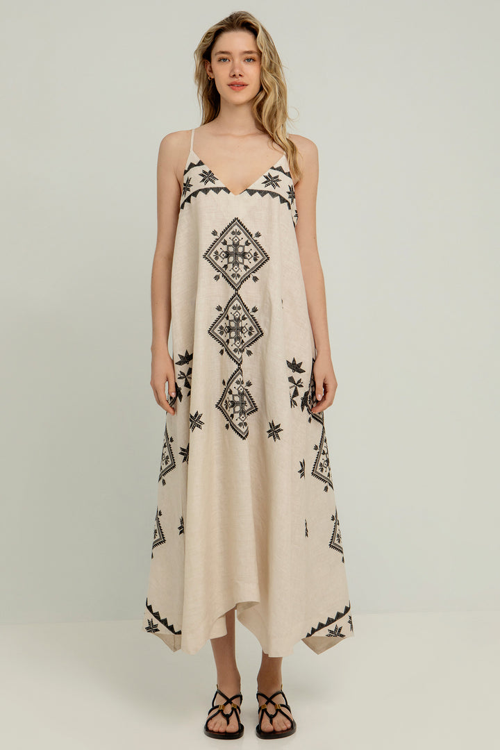 Greek Archaic Kori S25K-230632 Long Dress Beige Black - Olivia Grace Fashion