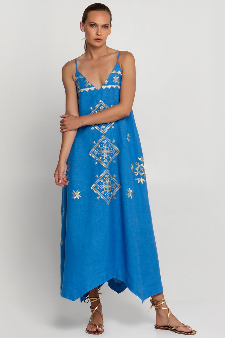 Greek Archaic Kori S25K-230632 Long Dress Blue Gold - Olivia Grace Fashion