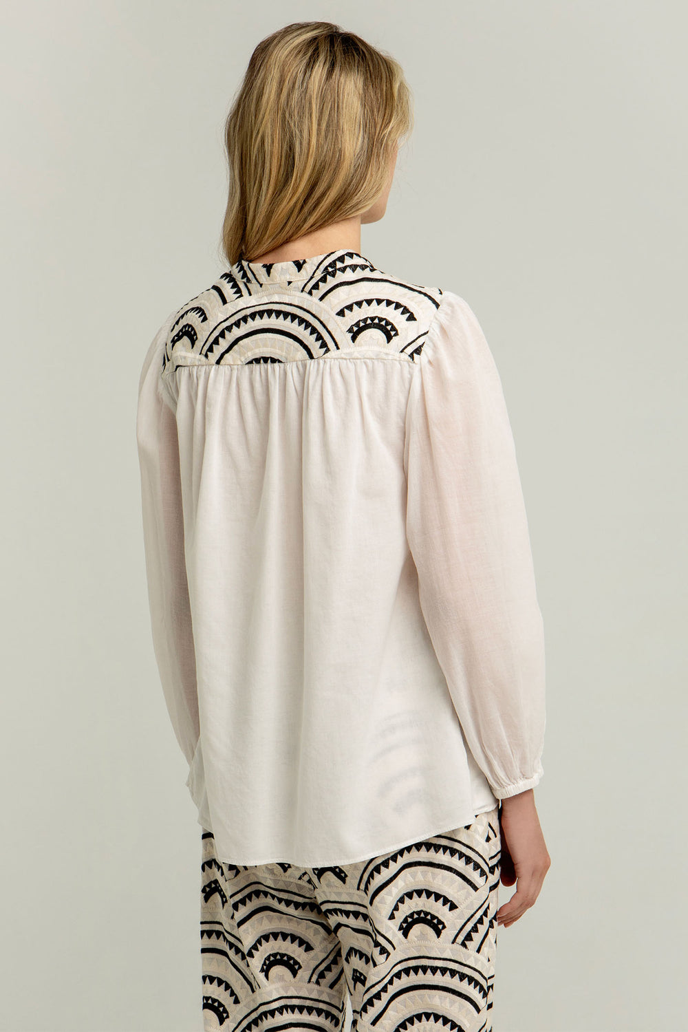 Greek Archaic Kori S25K-340512 Embroidered Blouse White Black Ecru - Olivia Grace Fashion