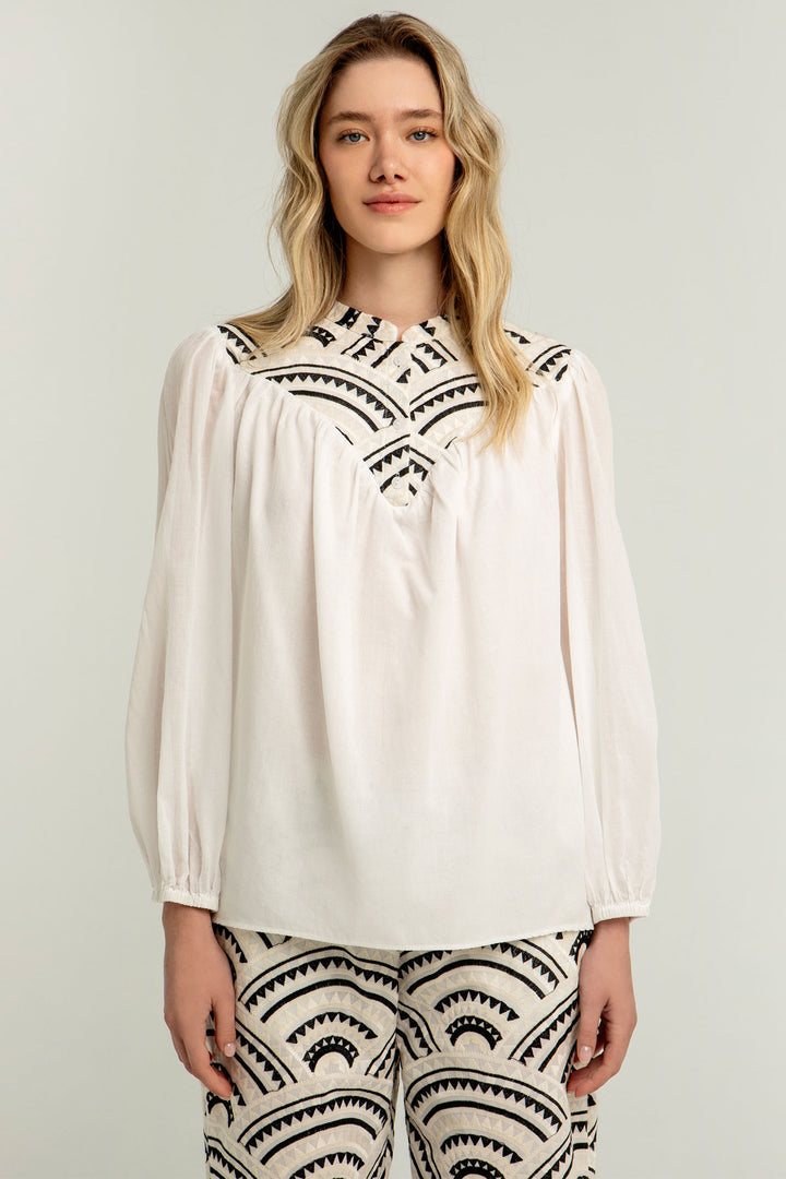 Greek Archaic Kori S25K-340512 Embroidered Blouse White Black Ecru - Olivia Grace Fashion