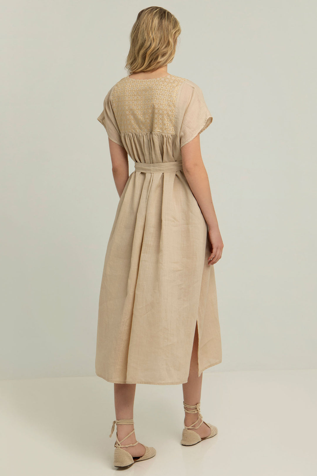 Greek Archaic Kori S25K-430825 Embroidered Cotton Midi Dress Beige Gold - Olivia Grace Fashion