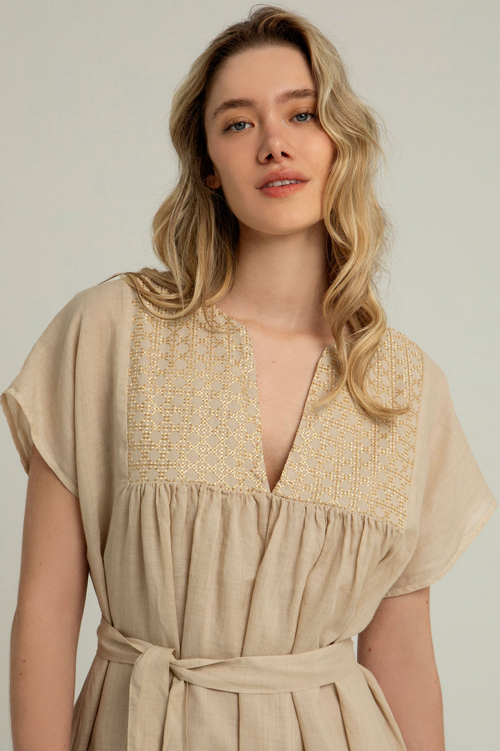 Greek Archaic Kori S25K-430825 Embroidered Cotton Midi Dress Beige Gold - Olivia Grace Fashion