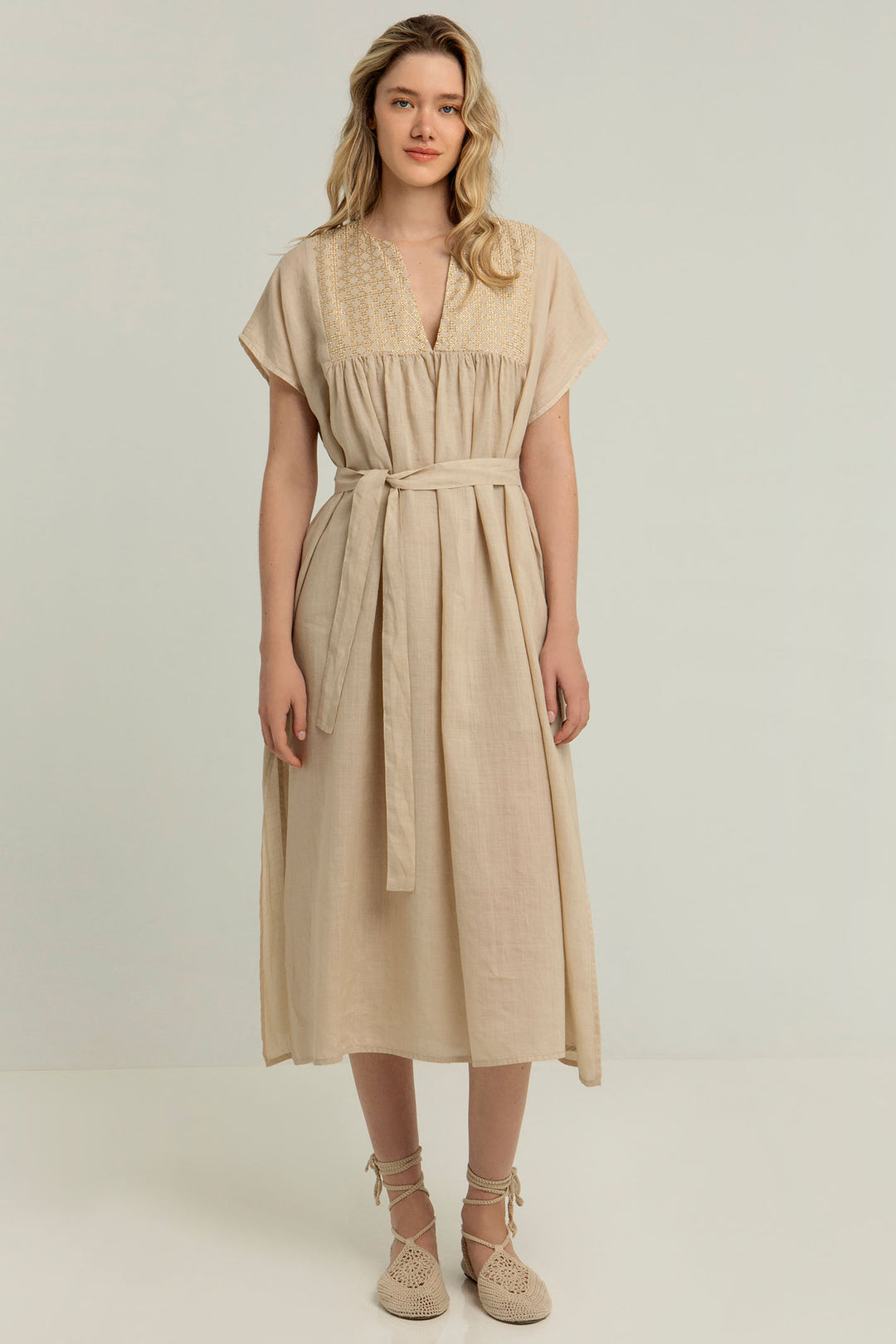 Greek Archaic Kori S25K-430825 Embroidered Cotton Midi Dress Beige Gold - Olivia Grace Fashion