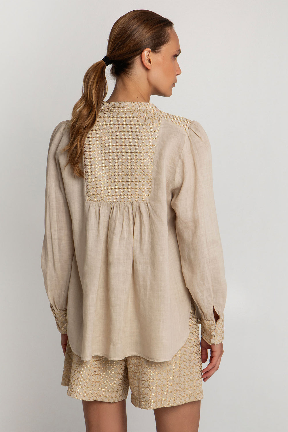 Greek Archaic Kori S25K-440645 Embroidered Smock Blouse Beige Gold - Olivia Grace Fashion