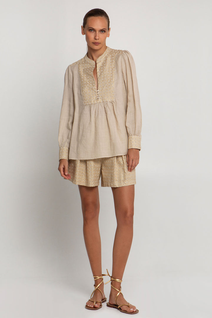 Greek Archaic Kori S25K-440645 Embroidered Smock Blouse Beige Gold - Olivia Grace Fashion