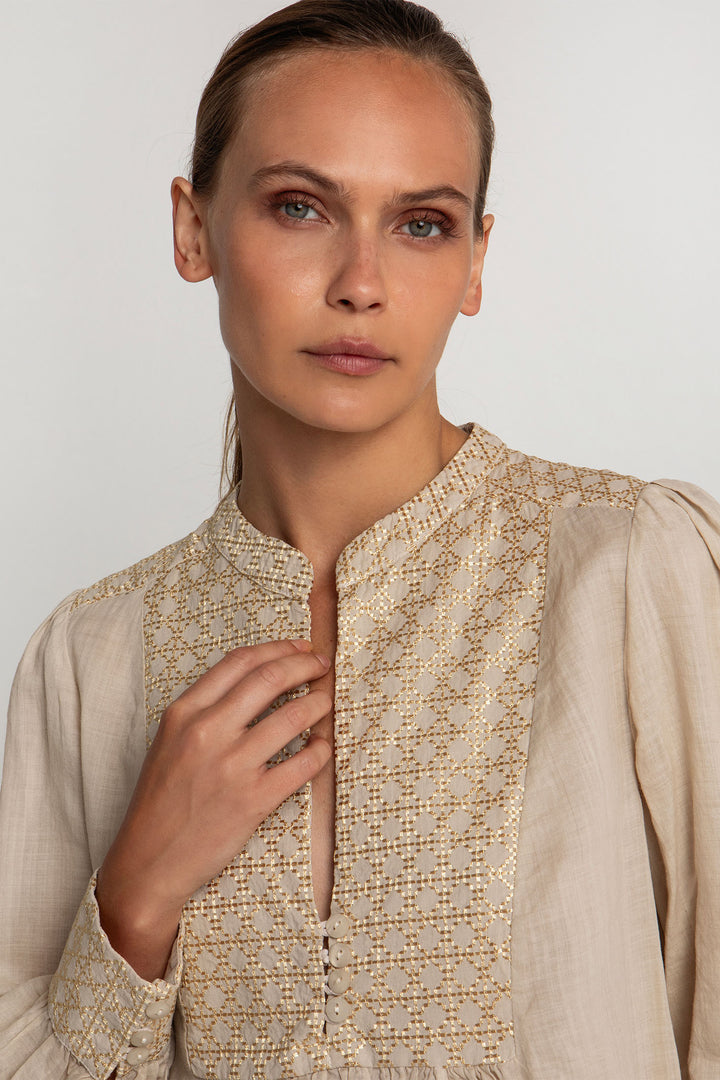 Greek Archaic Kori S25K-440645 Embroidered Smock Blouse Beige Gold - Olivia Grace Fashion