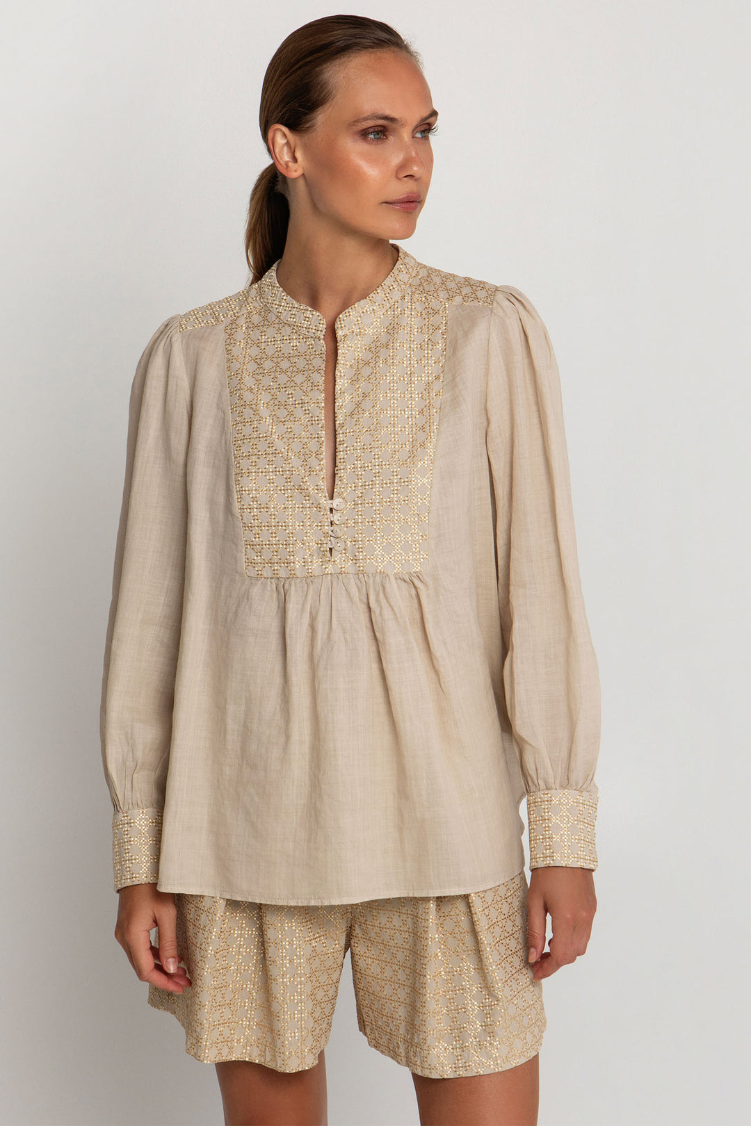 Greek Archaic Kori S25K-440645 Embroidered Smock Blouse Beige Gold - Olivia Grace Fashion