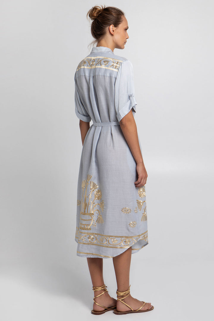 Greek Archaic Kori S25K-530273 Embroidered Shirt Dress Light Grey Gold - Olivia Grace Fashion