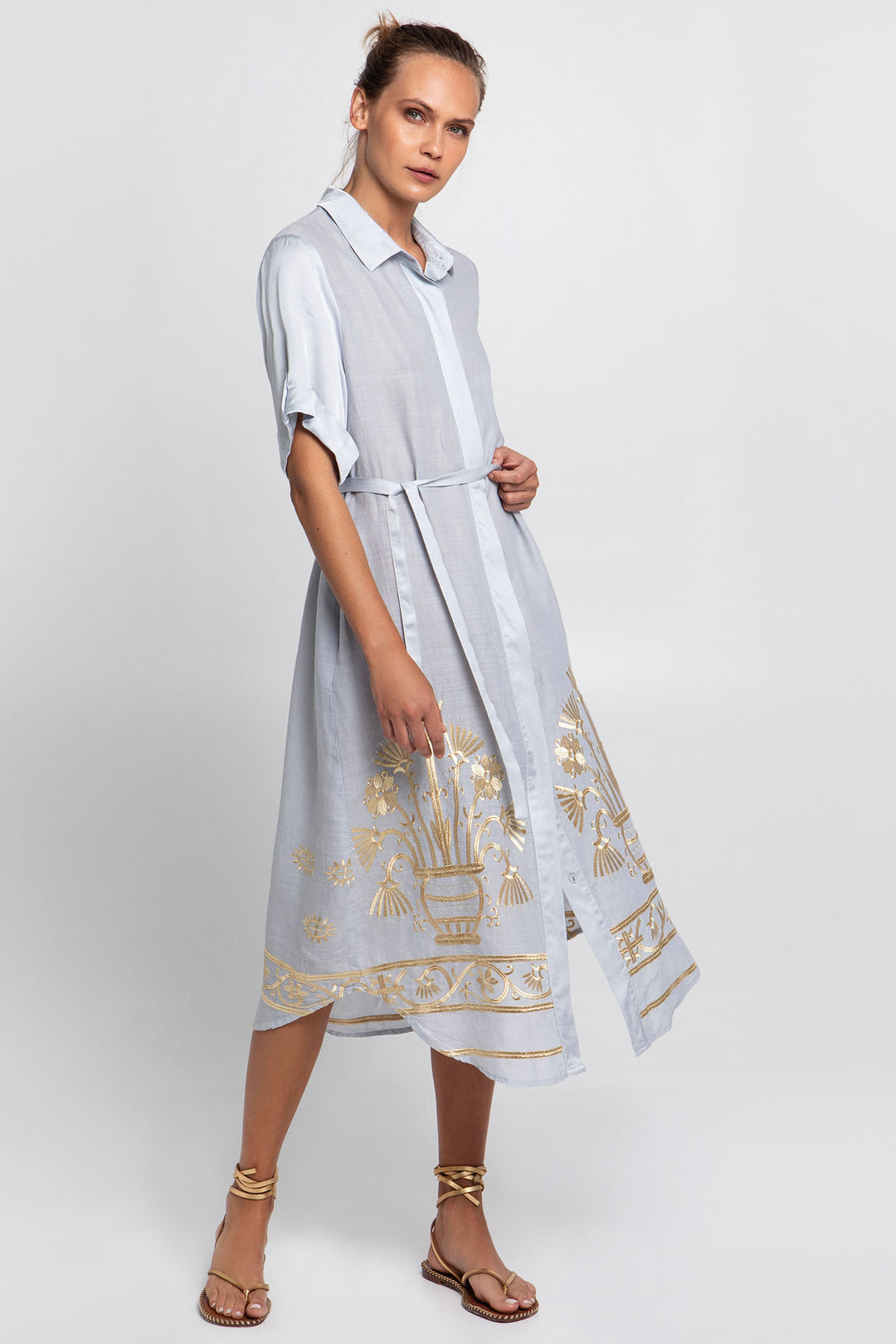 Greek Archaic Kori S25K-530273 Embroidered Shirt Dress Light Grey Gold - Olivia Grace Fashion