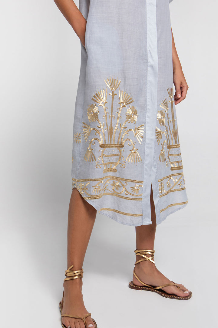 Greek Archaic Kori S25K-530273 Embroidered Shirt Dress Light Grey Gold - Olivia Grace Fashion