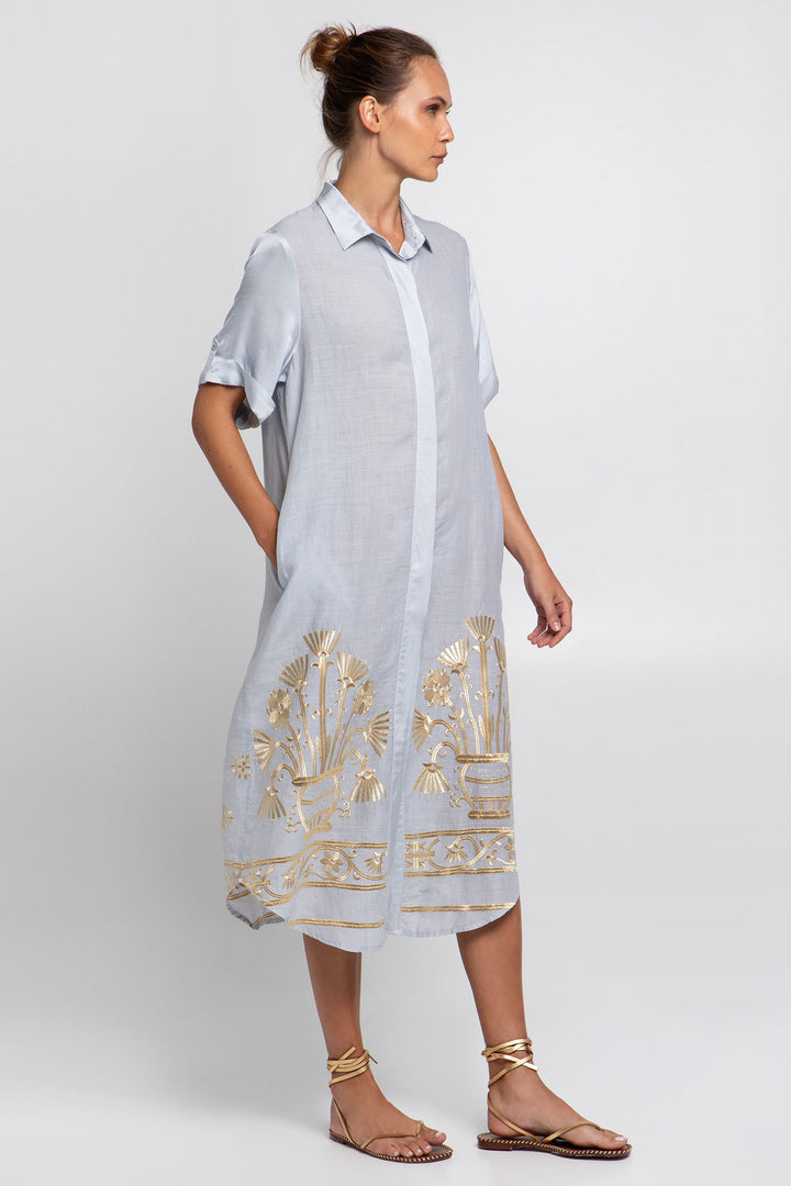 Greek Archaic Kori S25K-530273 Embroidered Shirt Dress Light Grey Gold - Olivia Grace Fashion