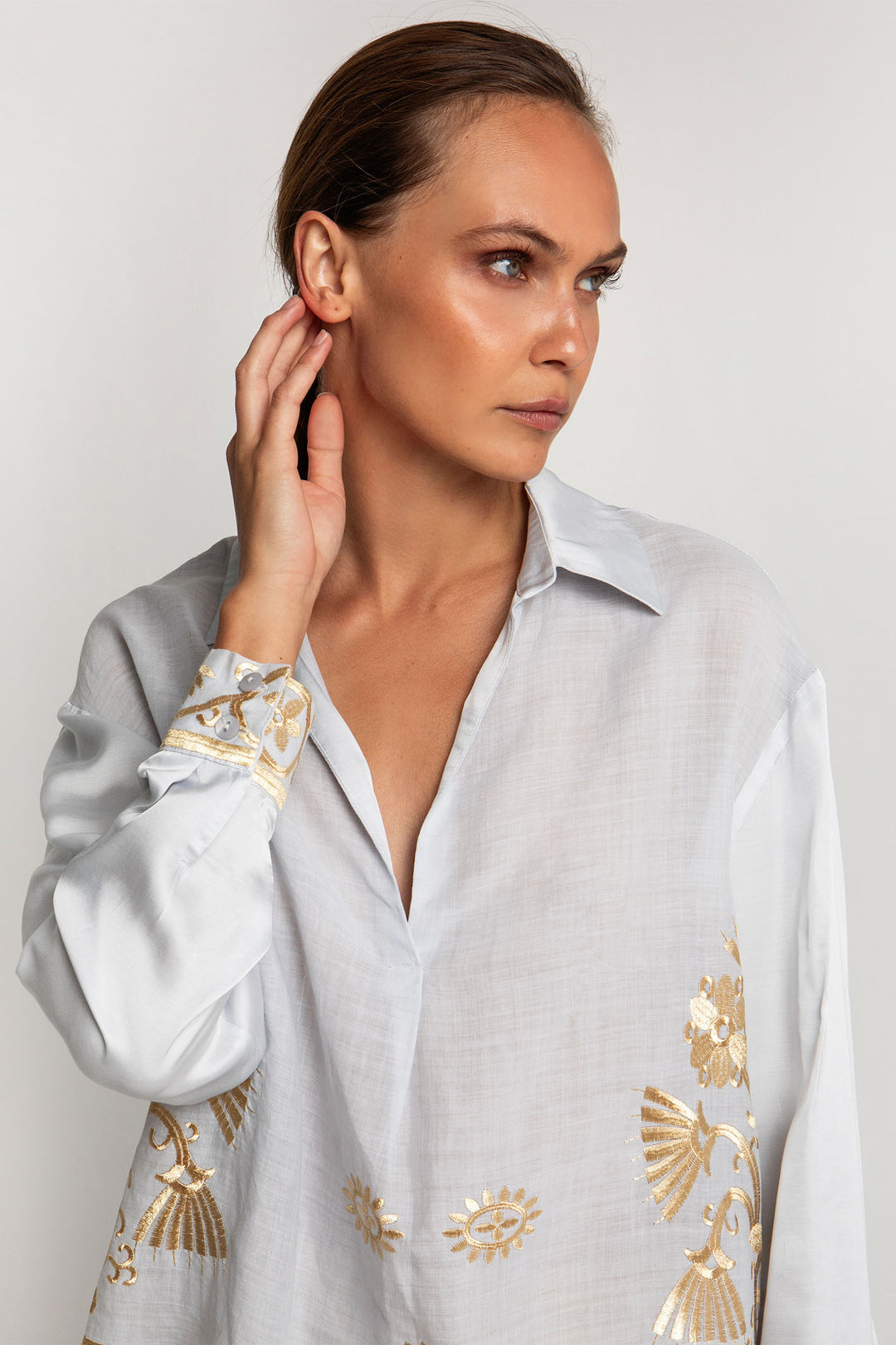 Greek Archaic Kori S25K-550053 Embroidered Blouse Light Grey Gold - Olivia Grace Fashion