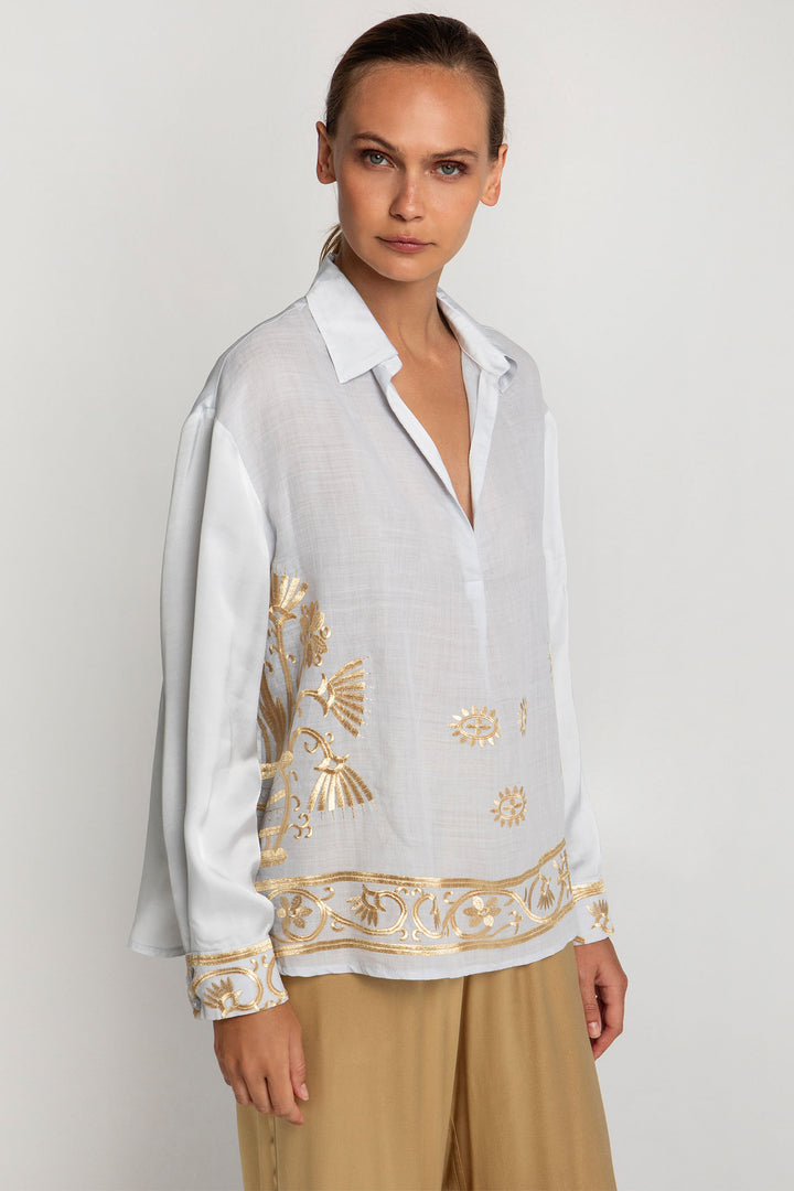 Greek Archaic Kori S25K-550053 Embroidered Blouse Light Grey Gold - Olivia Grace Fashion