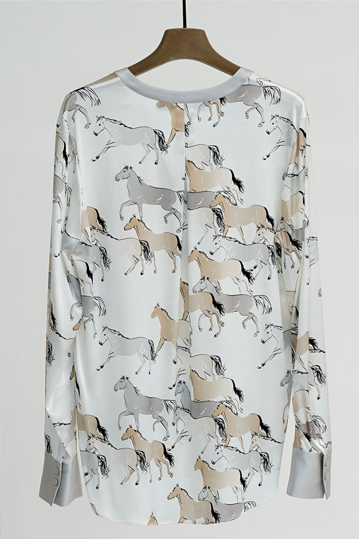 Herzen's Angelegenheit Silk Blouse Horse Print Sesame Grey Multi 25251-6187 - Olivia Grace Fashion