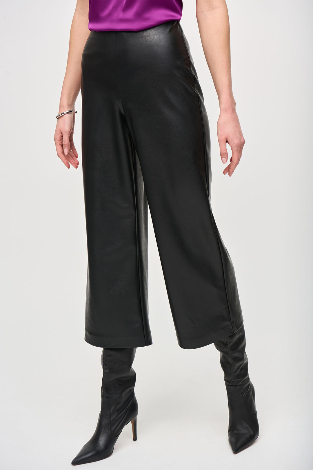 Joseph Ribkoff Culotte Trousers Black Faux Leather Pull-On 243042 - Olivia Grace Fashion