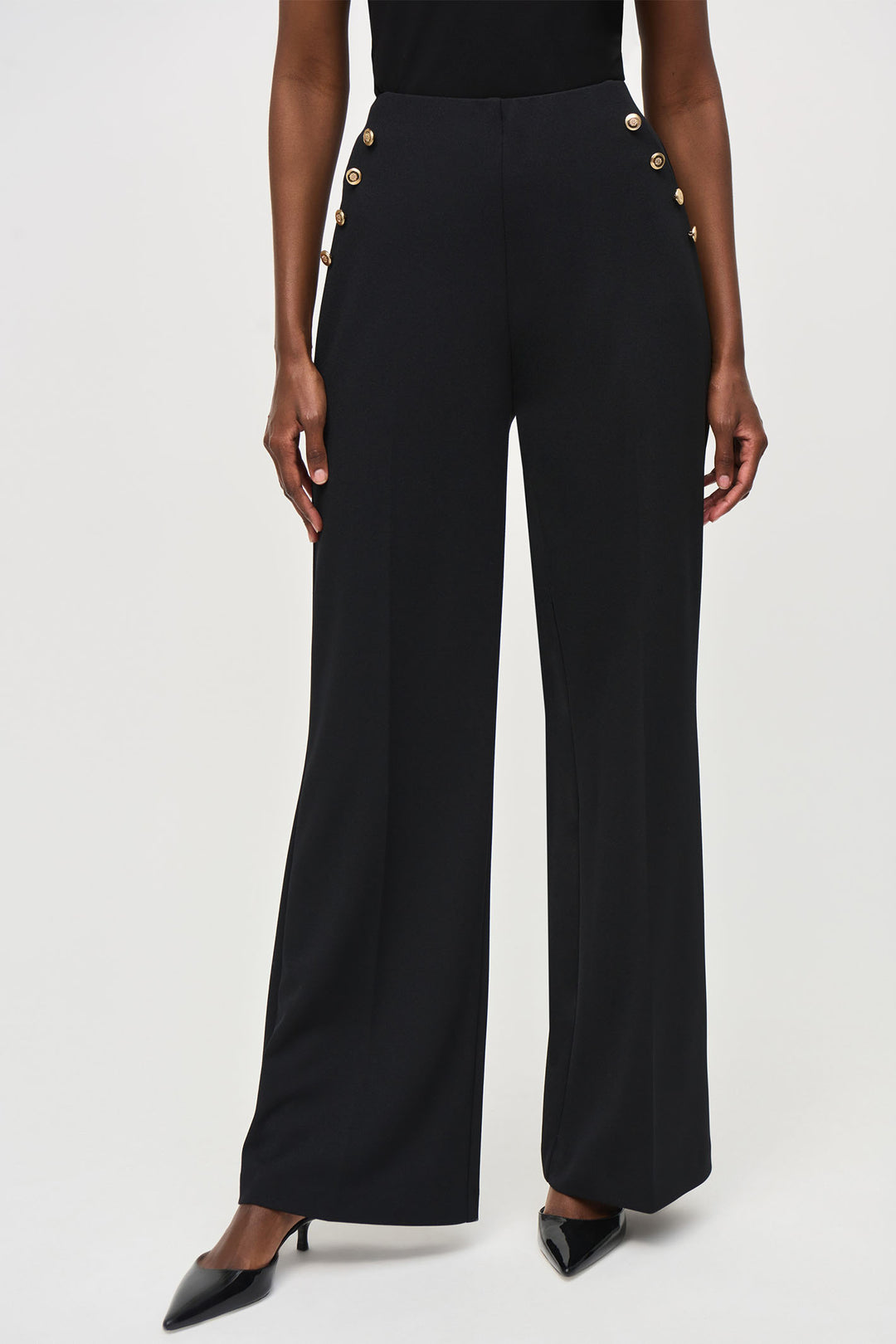 Joseph Ribkoff Wide Leg Trousers Black Pull-On Button Detail 243046 - Olivia Grace Fashion