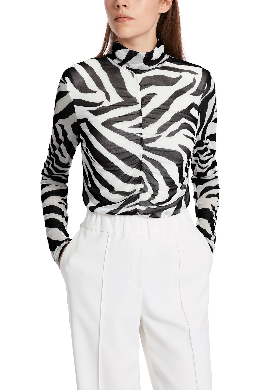 Marc Cain 48.13 J12 Black White Zebra Animal Print Mesh Roll Neck Top - Olivia Grace Fashion