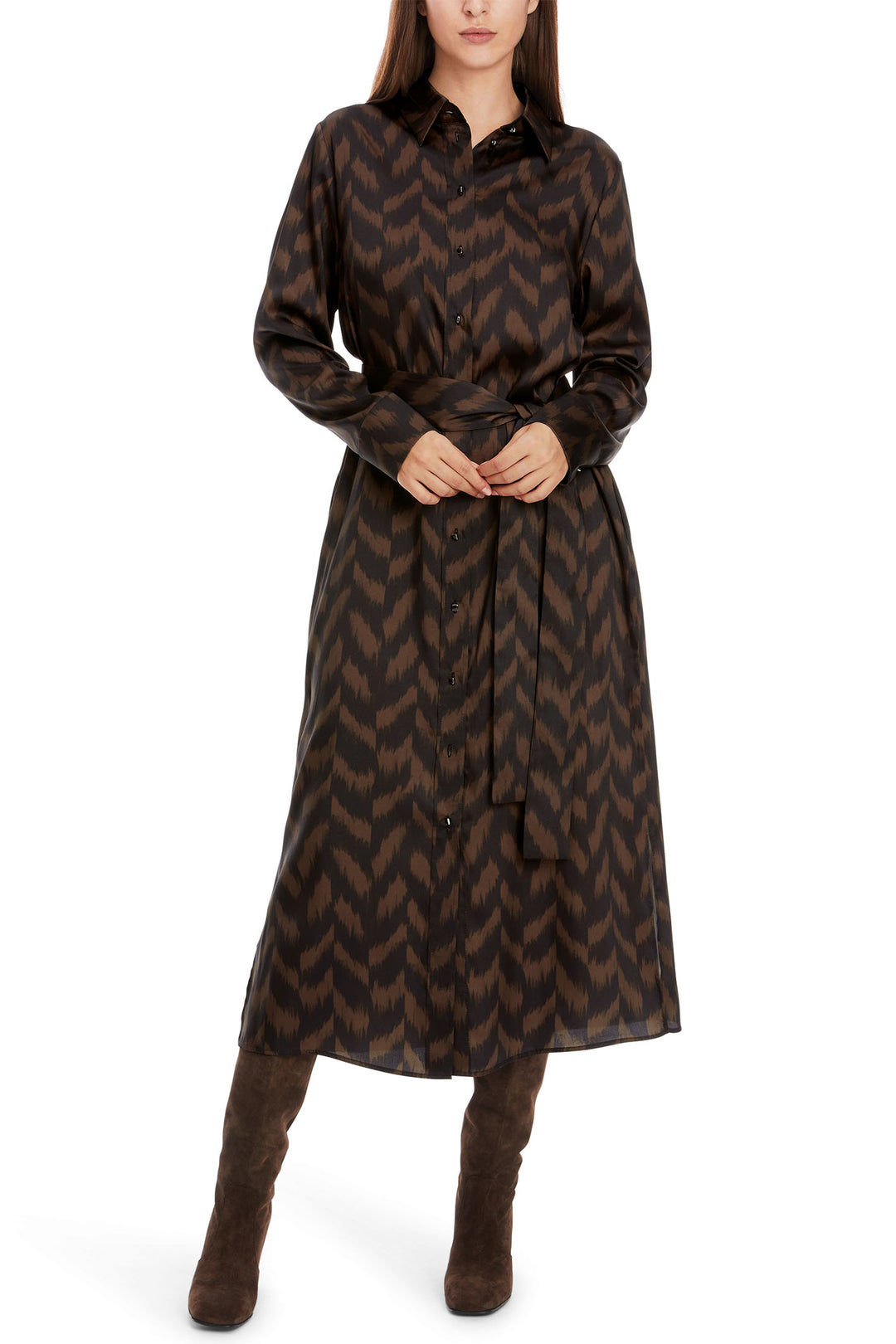 Marc Cain Collection Dress Deep Wood Brown Herringbone Print XC 21.35 W09 691 - Olivia Grace Fashion