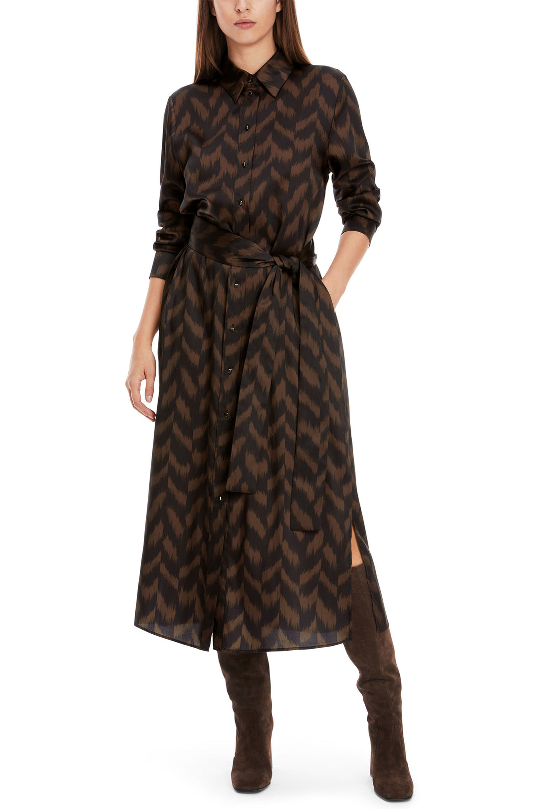 Marc Cain Collection Dress Deep Wood Brown Herringbone Print XC 21.35 W09 691 - Olivia Grace Fashion