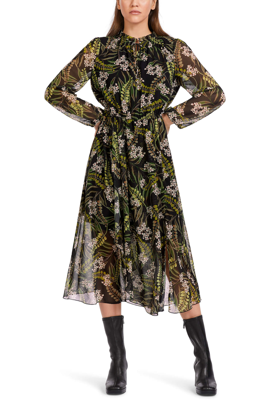 Marc Cain Collections VC 21.49 W87 900 Black Leaf Print Floaty Dress - Olivia Grace Fashion