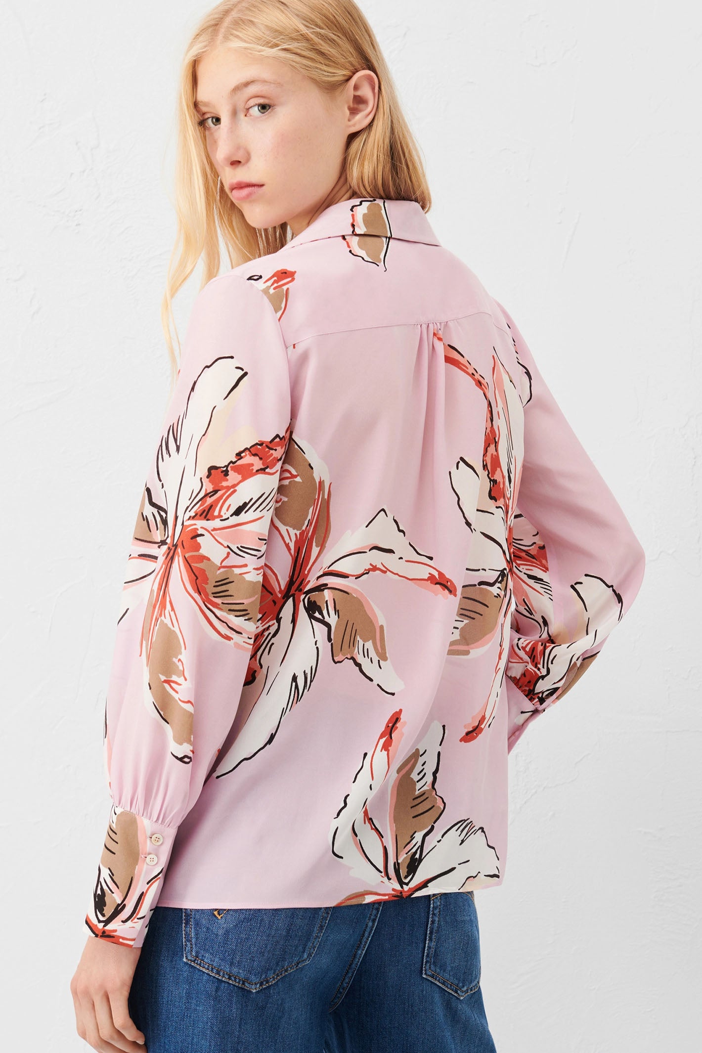 Marella Domez 2413111131200 Pink Palms Print Silk Shirt