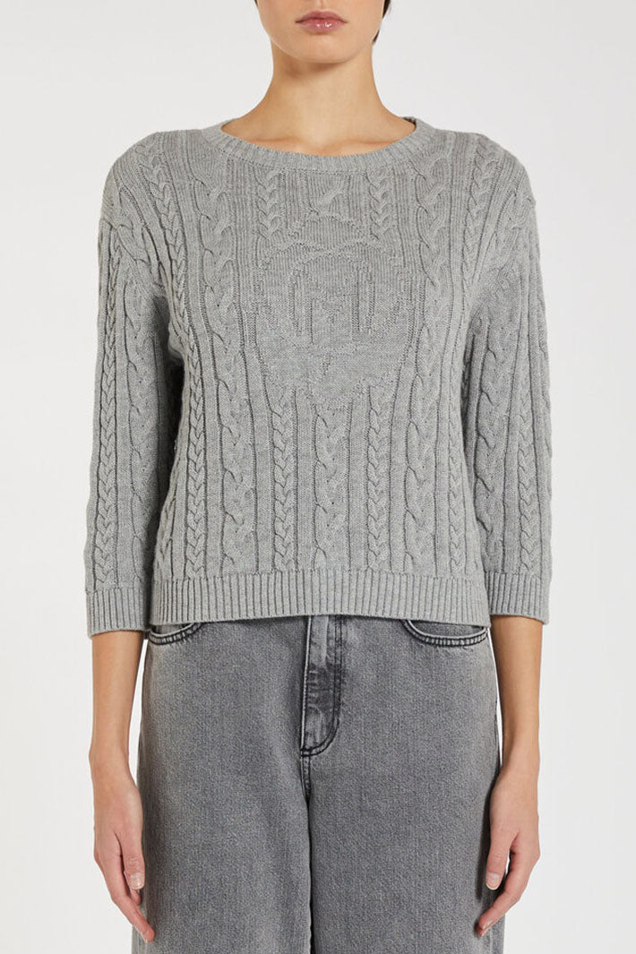 Marella Largo 2423366134200 Light Grey Melange Cable Knit Jumper - Olivia Grace Fashion