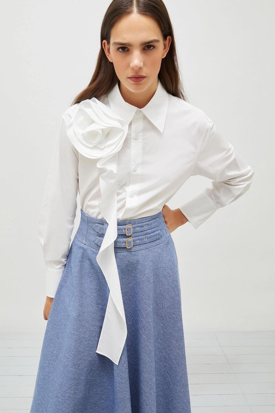 Marella Shirt Ketch White Cotton Ruffle Front 2513111101200 001 - Olivia Grace Fashion