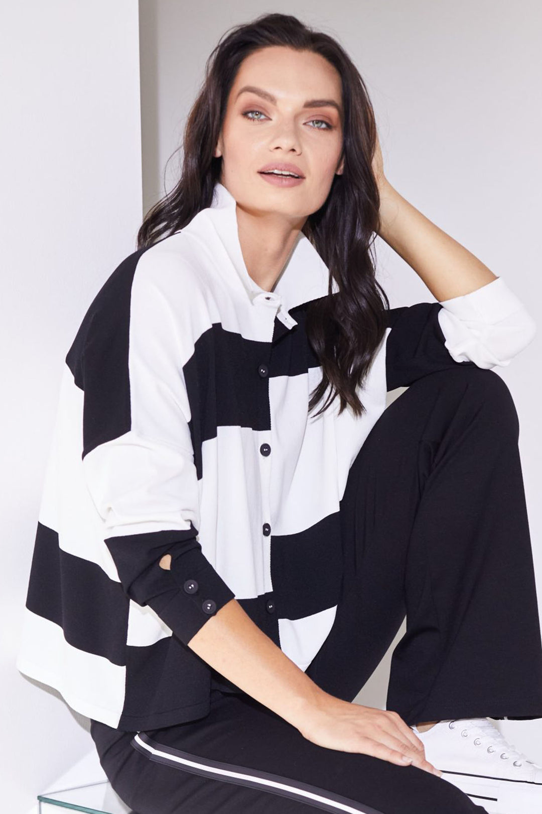 Naya NAS24133 Black White Stripe Cardigan - Olivia Grace Fashion