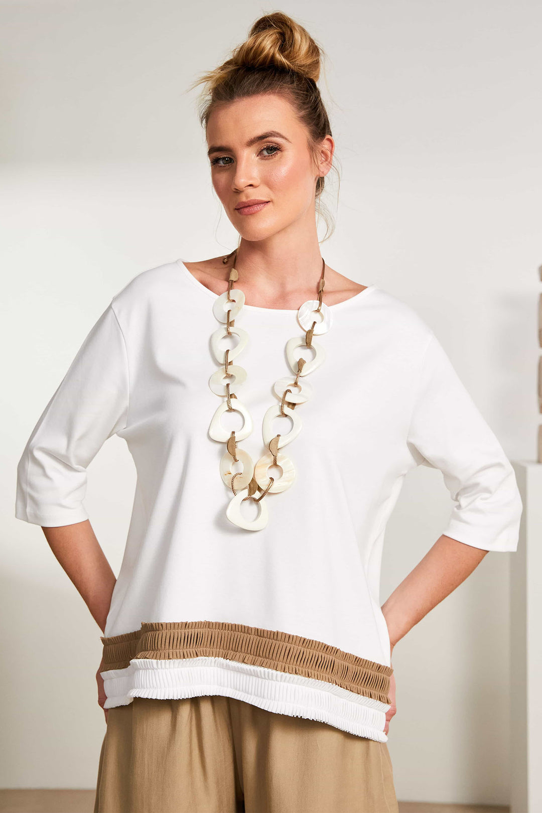 Naya NAS25123 Cream Jersey Top With Pleated Hem - Olivia Grace Fashion