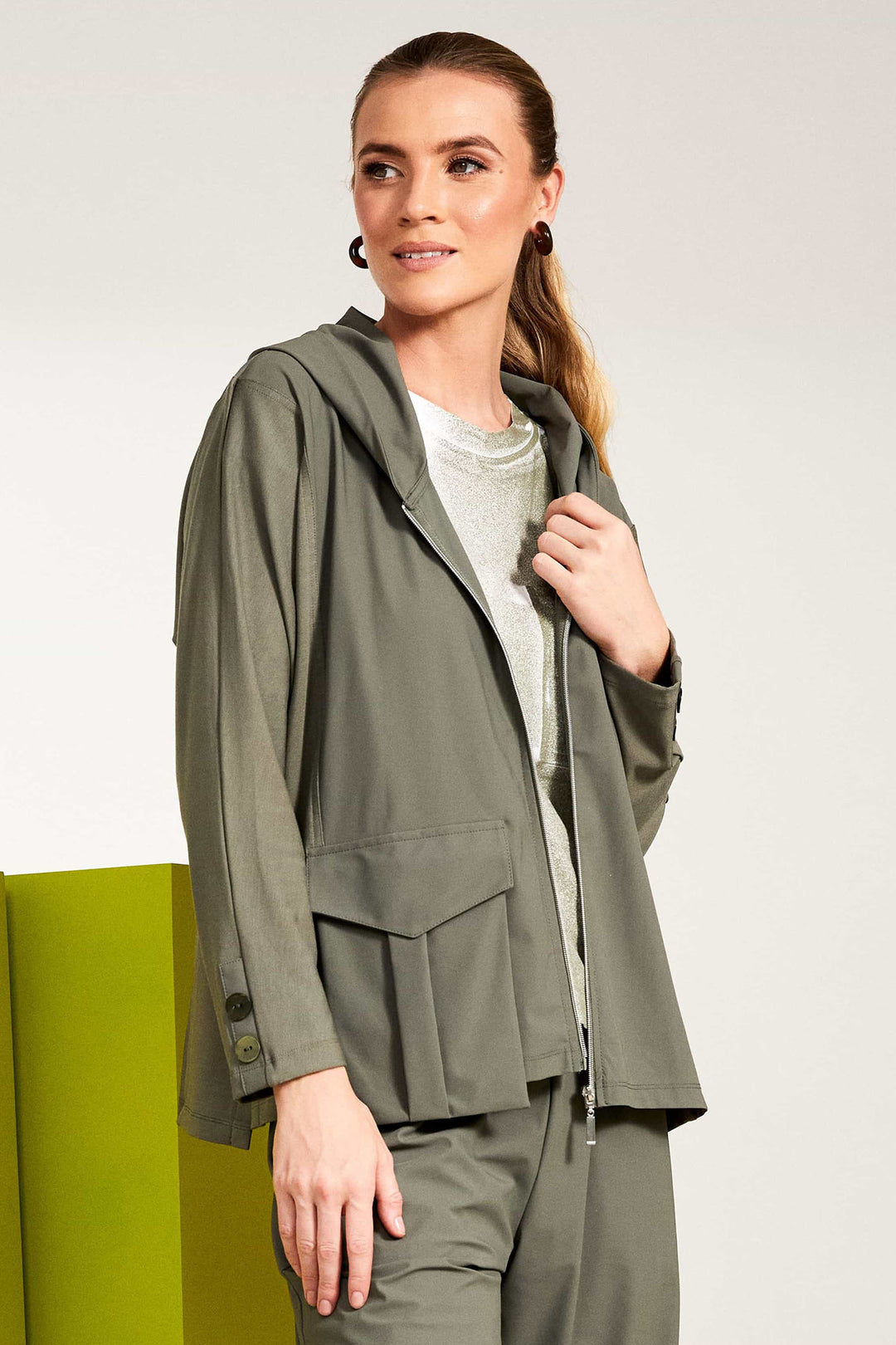 Naya NAS25136 Khaki Green Hooded Jacket - Olivia Grace Fashion