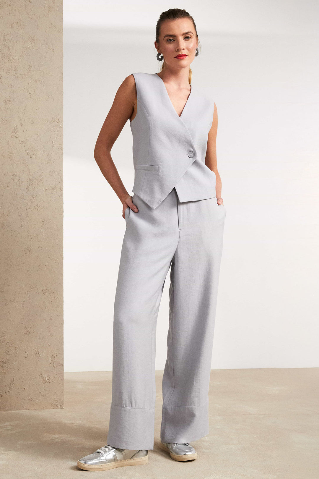 Naya NAS25272 Light Grey Asymmetric Waistcoat - Olivia Grace Fashion