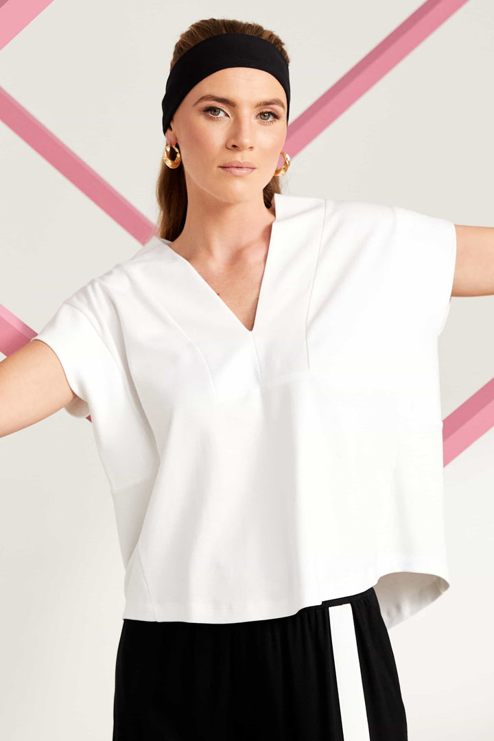 Naya White Boxy V Neck Top NAS25120 01 - Olivia Grace Fashion