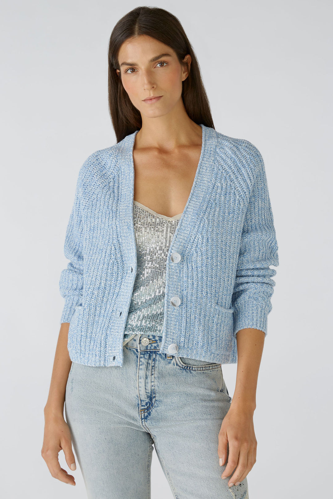 Oui 85767 Light Blue Ribbed Cardigan - Olivia Grace Fashion