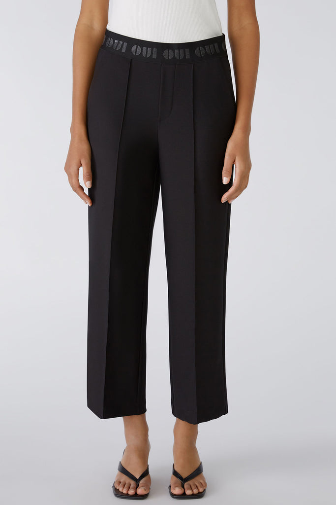 Oui 86917 Black Cropped Pull-On Wide Leg Trousers