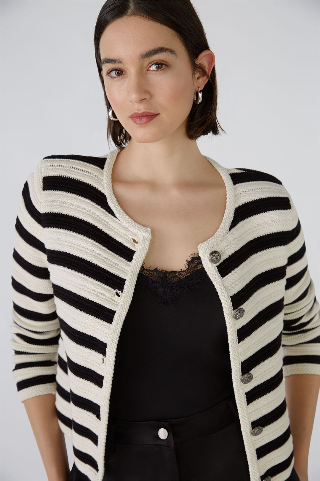 Oui 88263 Off White Black Striped Button Front Cardigan - Olivia Grace Fashion