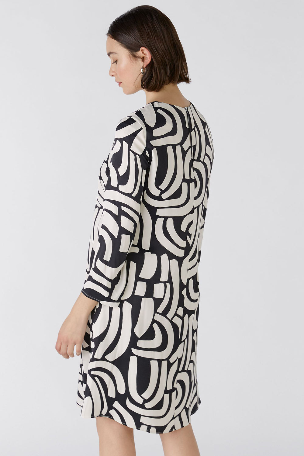 Oui 88272 Black Off White Abstarct Print Round Neck Dress - Olivia Grace Fashion