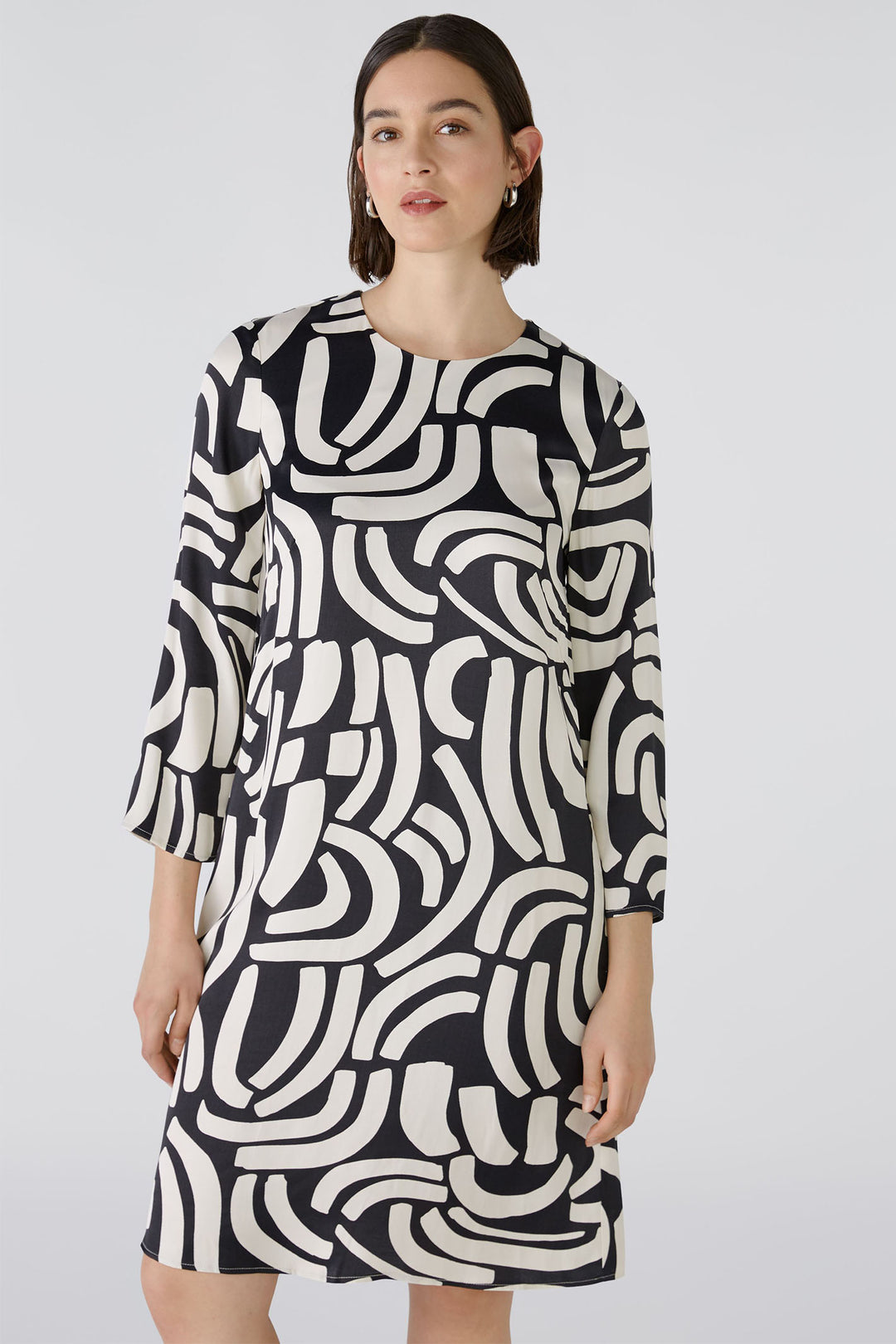 Oui 88272 Black Off White Abstarct Print Round Neck Dress - Olivia Grace Fashion