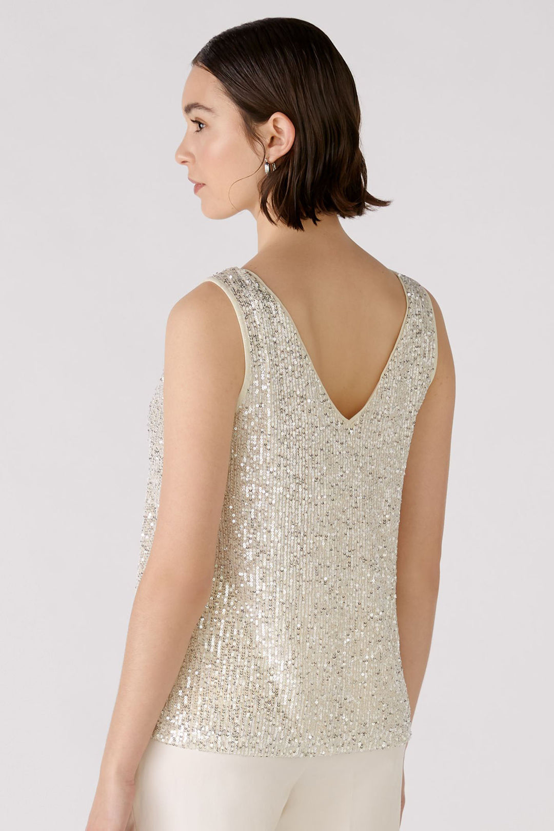 Oui 88306 Off White Silver Sequin Vest Top - Olivia Grace Fashion