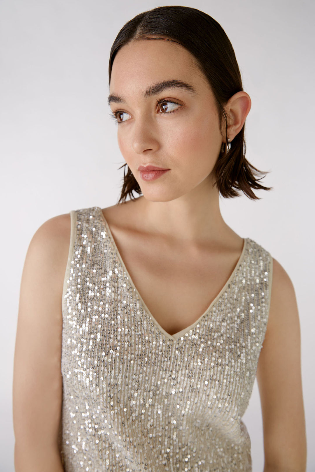 Oui 88306 Off White Silver Sequin Vest Top - Olivia Grace Fashion