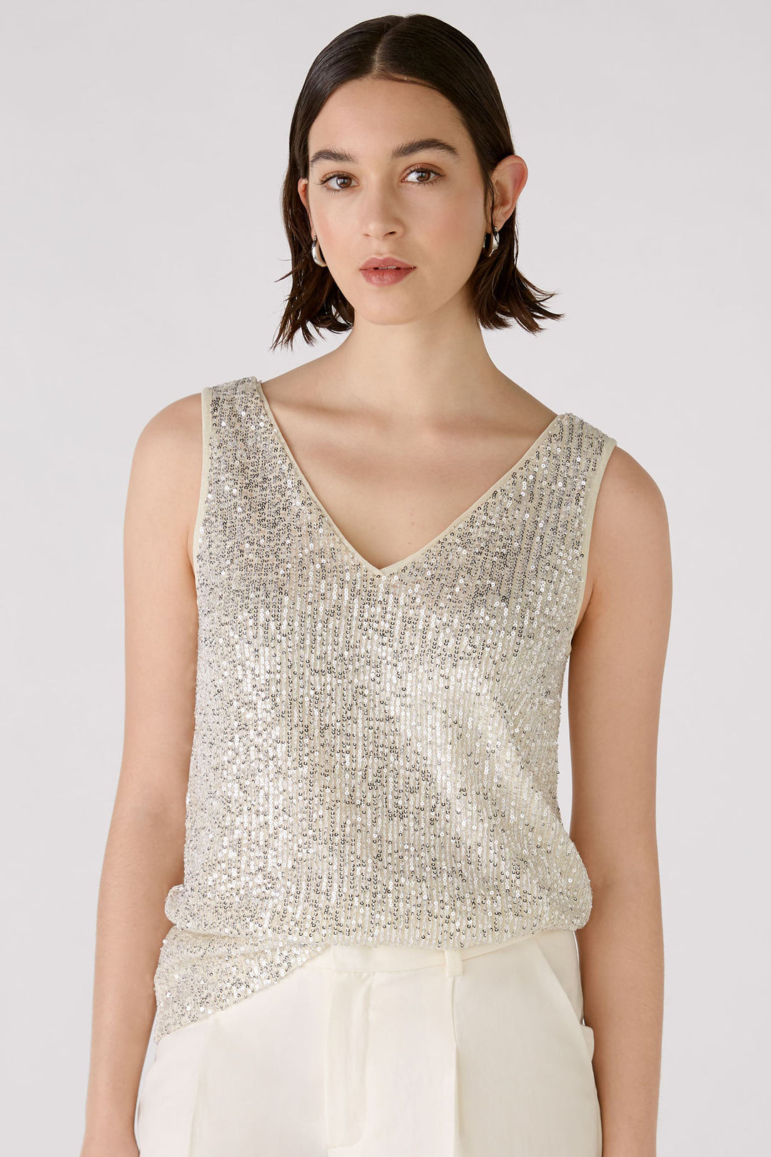 Oui 88306 Off White Silver Sequin Vest Top - Olivia Grace Fashion