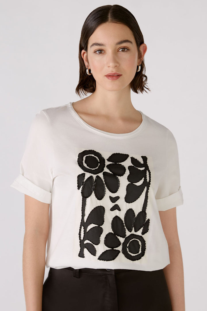 Oui 88313 Cloud Dancer White Beaded Flower T-Shirt - Olivia Grace Fashion