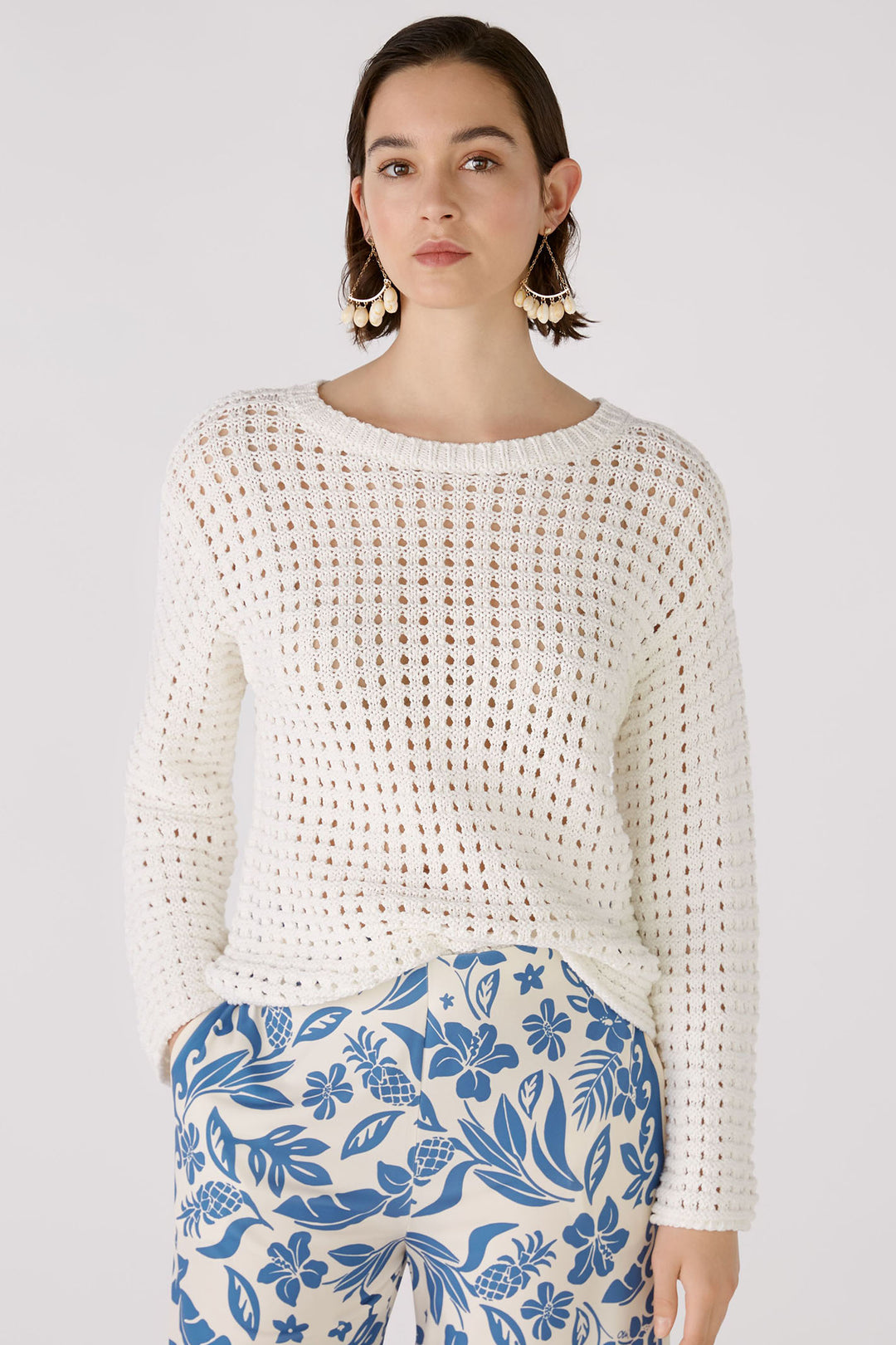 Oui 88491 Cloud Dancer White Crochet Style Wide Neck Jumper - Olivia Grace Fashion