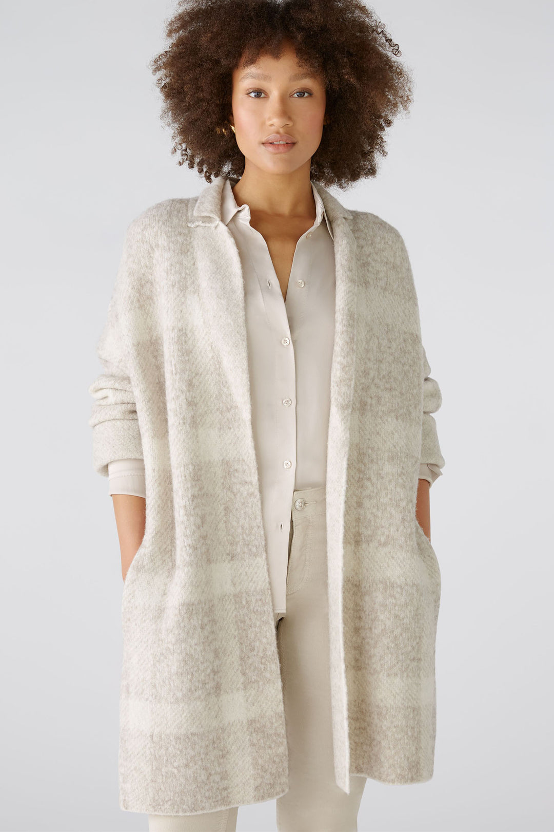 Oui Knitted Coat Taupe White Check 88938-0811 - Olivia Grace Fashion