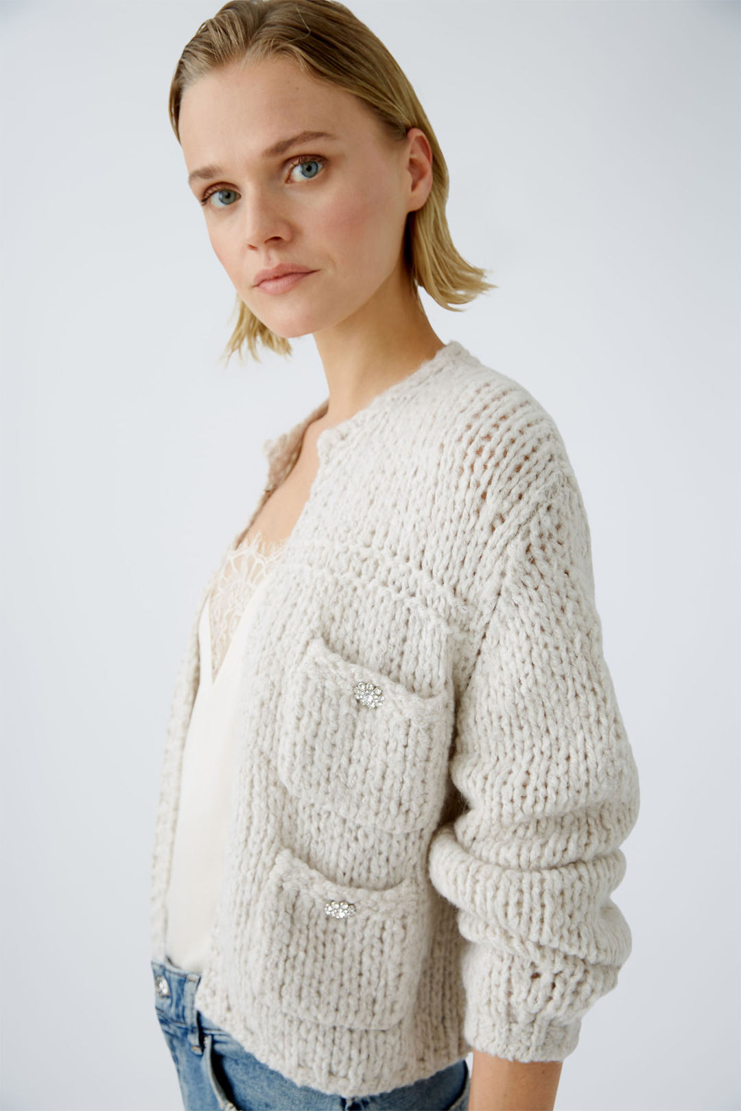 Oui Cardigan Chunky Knit Light Beige Melange 90614 7065 - Olivia Grace Fashion