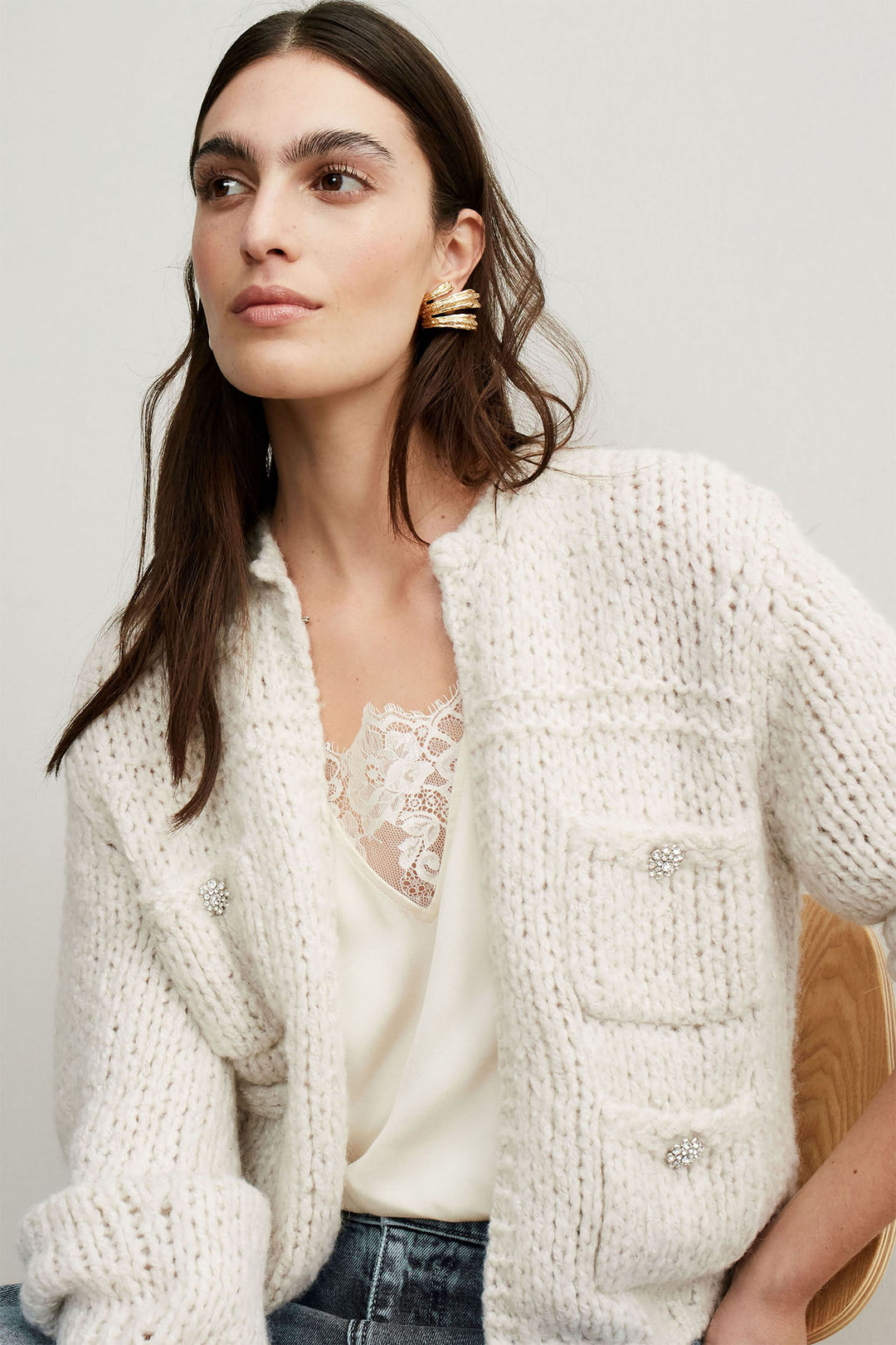 Oui Cardigan Chunky Knit Light Beige Melange 90614 7065 - Olivia Grace Fashion